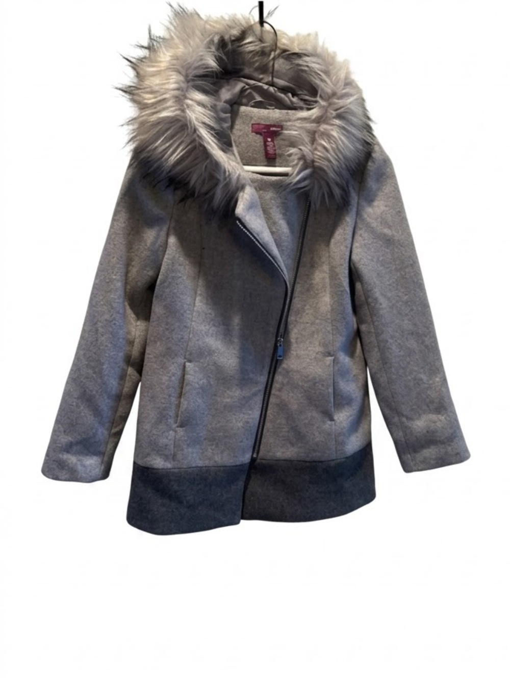 AQUA Girls Grey Faux Fur Trim Hooded Moto Wool Blend Coat Jacket S NWOT